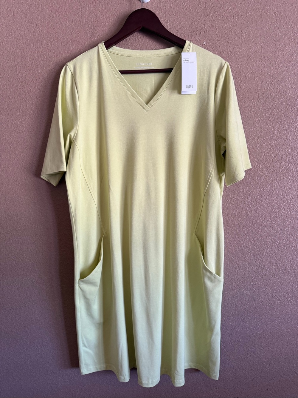 Eileen Fisher Light Green Organic Cotton V-Neck Midi Dress Size Large NWT